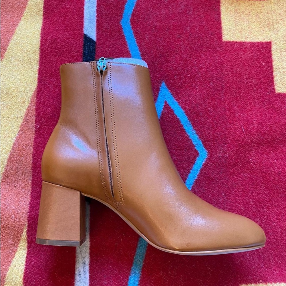 Able Vegan Leather Tan Heeled Ankle Boots Size 7 Zip Up Heels Eco Slow Fashion